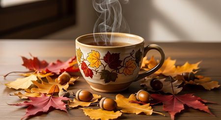Cup of hot coffee with autumn leaves and acorns on wooden tableの写真素材