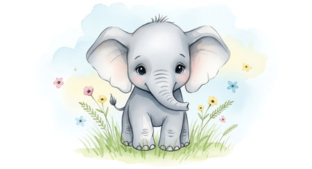 Cute baby elephant on the meadow. Cartoon vector illustration.の写真素材