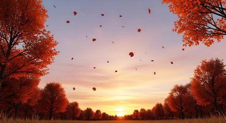 Beautiful autumn landscape with trees and flying leaves. 3d renderの写真素材