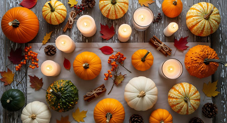 Autumn composition with pumpkins and candles on wooden background, top viewの写真素材