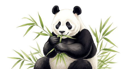 Illustration of a panda with bamboo on a white background.の写真素材