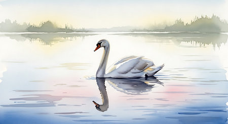 White swan on the lake. Digital watercolor painting. Vector illustration.の写真素材