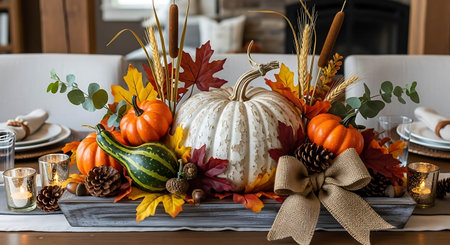 Autumn table setting with pumpkins and fall leaves, selective focusの写真素材