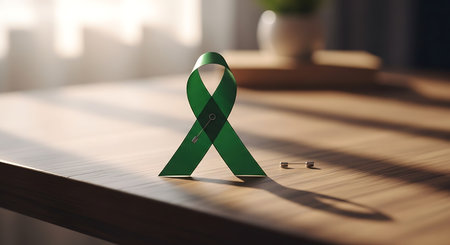 Green ribbon on table. Symbol of fight against breast cancer. 3D renderingの写真素材