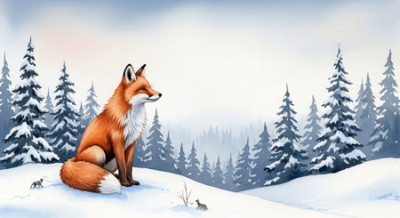 Illustration of a red fox sitting on a snowy hill in the forestの写真素材