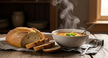 Tomato soup in a white bowl on a wooden background with bread and smokeの写真素材