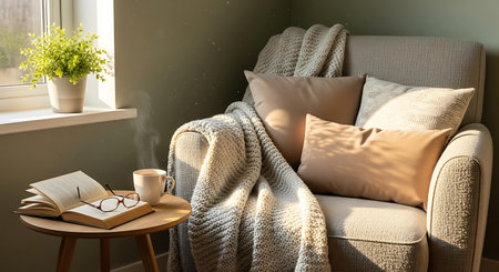 Cozy living room interior with armchair, book, coffee cup and knitted plaidの写真素材