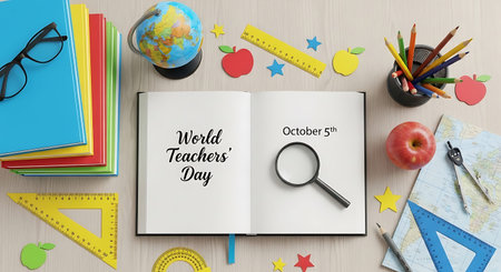 top view of notebook with world map, pencils, ruler, glasses and apple on wooden table