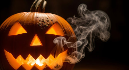 Scary Halloween pumpkin with smoke in the dark. Selective focus.の写真素材