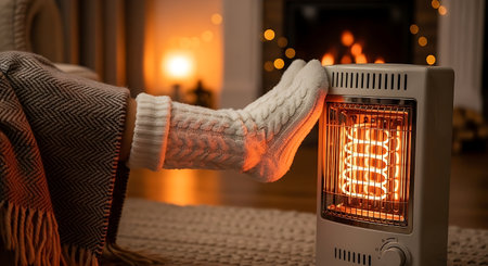 Woman's hand in knitted mittens turning on the heating system at homeの写真素材