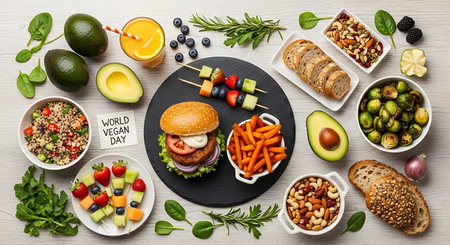 Healthy eating concept. Top view of different healthy food on wooden table.の写真素材