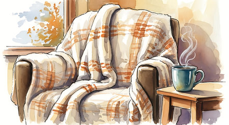 Comfortable armchair with a cup of coffee and a plaidの写真素材