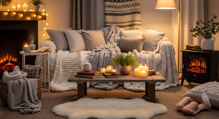 Cozy living room interior with a fireplace, candles, plaid and pillowsの写真素材