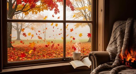 Cup of hot coffee and book on the windowsill in autumnの写真素材