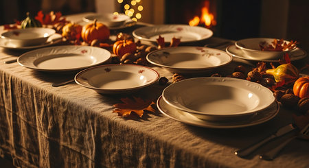 Autumn table setting with plates and cutlery in front of fireplaceの写真素材