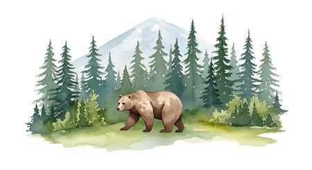 Watercolor illustration of a bear in the forest. Wild animal.の写真素材
