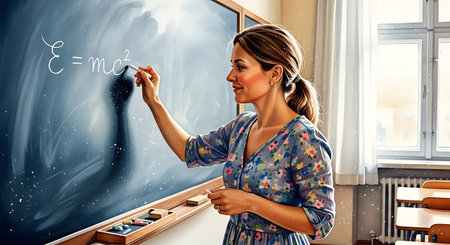 Portrait of a young female teacher writing on a blackboard.の写真素材