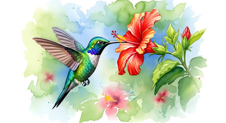 Hummingbird and hibiscus flower in watercolor styleの写真素材