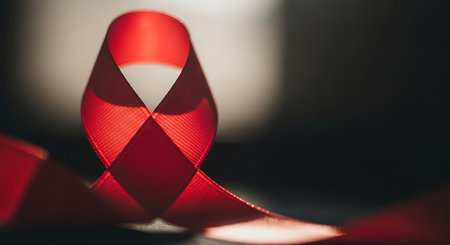 Red ribbon on a black background with copy space for your text.の写真素材