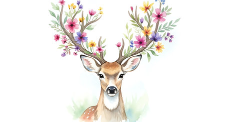 Watercolor portrait of a deer with flowers. Hand drawn illustration.の写真素材