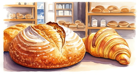 Bread in bakery shop. Vector illustration of croissants.の写真素材