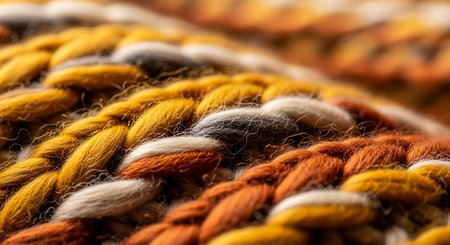 Closeup detail of a hand knitted fabric pattern. Soft focus.
