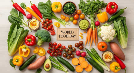 Top view of fresh vegetables and paper card with text World Food Dayの写真素材
