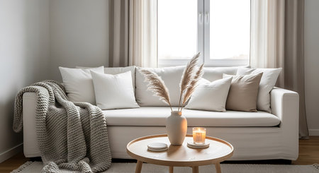 Living room interior with white sofa, pillows, coffee table and candlesの写真素材
