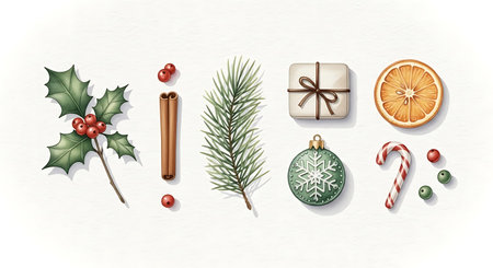 Christmas and New Year decoration set with fir branches, holly berry, gift box, cinnamon stick, gingerbread cookies, star anise, dried orange, candy cane. Vector illustration.の写真素材