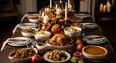 Thanksgiving dinner table with turkey, pumpkin, apples and other traditional dishesの写真素材