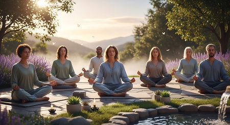 Group of women meditating in lotus pose on terrace at sunsetの写真素材