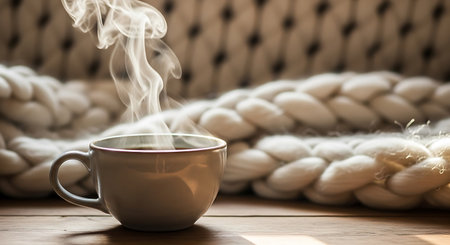 Cup of hot tea with knitted scarf on wooden table.の写真素材