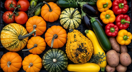 Autumn vegetables background. Top view of different varieties of pumpkin, zucchini, tomatoes, peppers and cucumbers.の写真素材