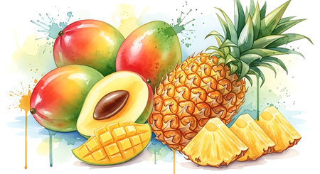 Pineapple and mango fruits with watercolor splashes illustration.の写真素材