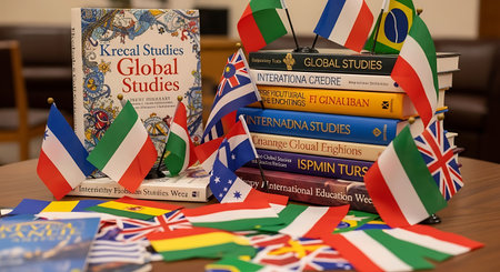 Pile of books with flags of the world. Education concept.の写真素材