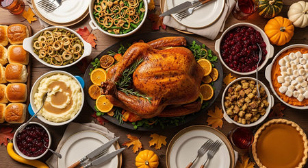 Thanksgiving dinner table with roasted turkey and autumn leaves, top viewの写真素材
