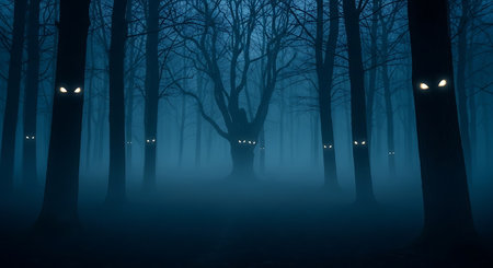 Foggy night in the forest with lanterns. Halloween backgroundの写真素材