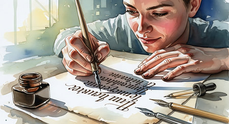 Illustration of a young man with a fountain pen writing on paper.の写真素材