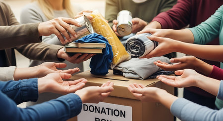 Volunteers collecting donations at charity center, closeup of handsの写真素材