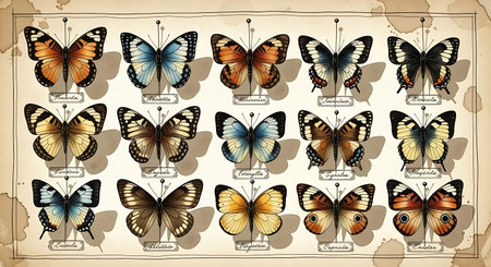 Butterflies collection on old paper background. Vector illustration for your designの写真素材