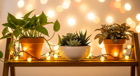 Beautiful indoor plants in pots on wooden shelf against blurred lights backgroundの写真素材