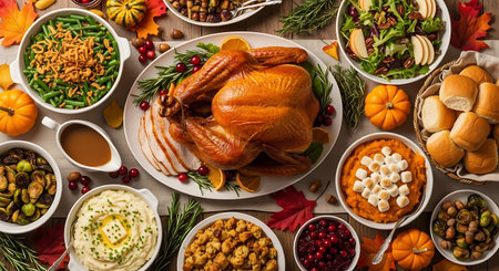 Thanksgiving dinner table with turkey, roasted turkey, pumpkin, cranberry, nuts, beans, cornucopia, and other traditional dishesの写真素材