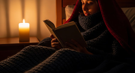 Young woman reading a book in bed under a blanket at night.の写真素材