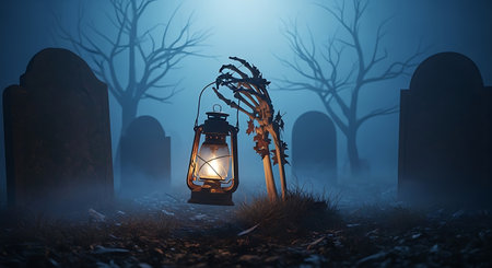 Grave lantern in the cemetery. Halloween concept. 3D Rendering