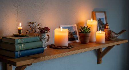 Books and candles on shelf in cozy living room. Hygge conceptの写真素材