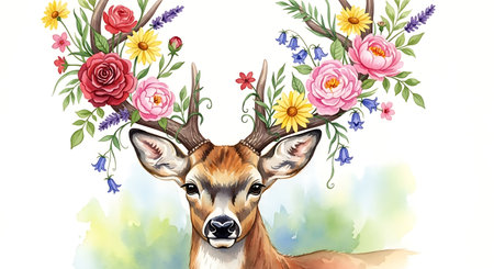 Watercolor illustration of a wild deer with flowers on a white backgroundの写真素材
