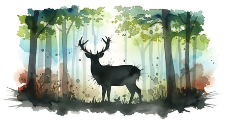 Silhouette of a deer in the forest. Watercolor illustrationの写真素材