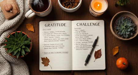 Coffee cup, autumn leaves, notebook and candle on wooden backgroundの写真素材