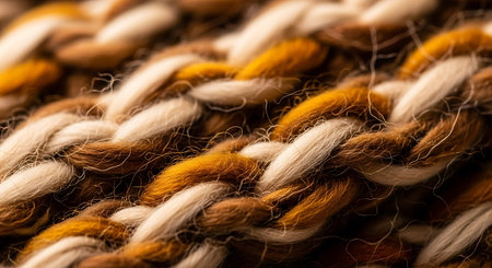 Closeup detail of brown and white wool pattern texture background. Macro shot of yarn.の写真素材