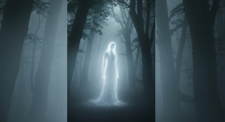 Mystical dark forest with fog and a woman in a long white dress
